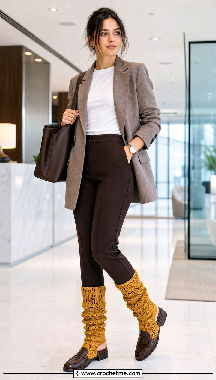 Hooded Stirrup Slouchy Crochet Leg Warmers With Blazer - 25 Slouchy Crochet Leg Warmers outfit ideas