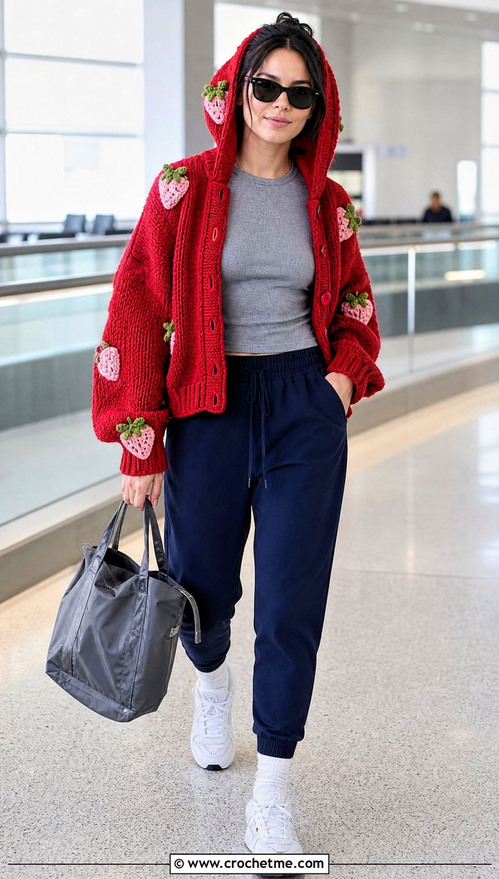 Hooded Strawberry Cardigan With Joggers - 35 crochet strawberry cardigan outfit ideas