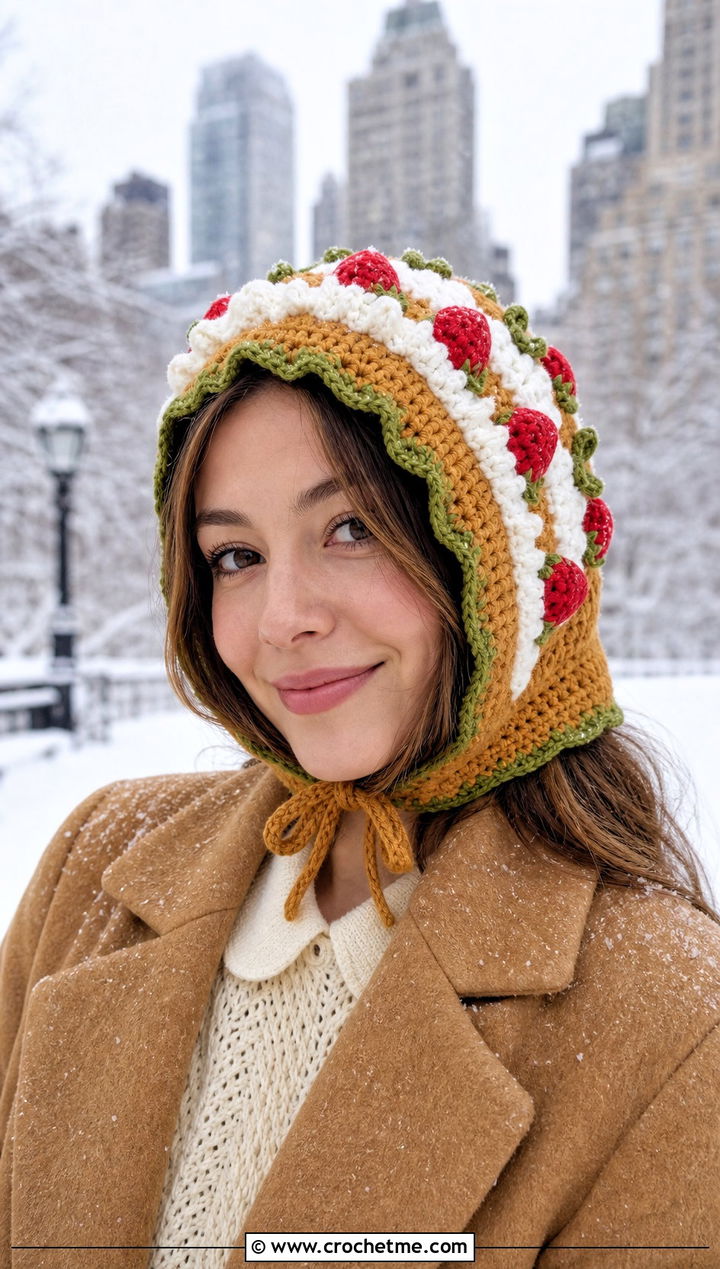 Hooded Strawberry Shortcake Hat With Wool Coat - 30 crochet strawberry shortcake hat outfit ideas