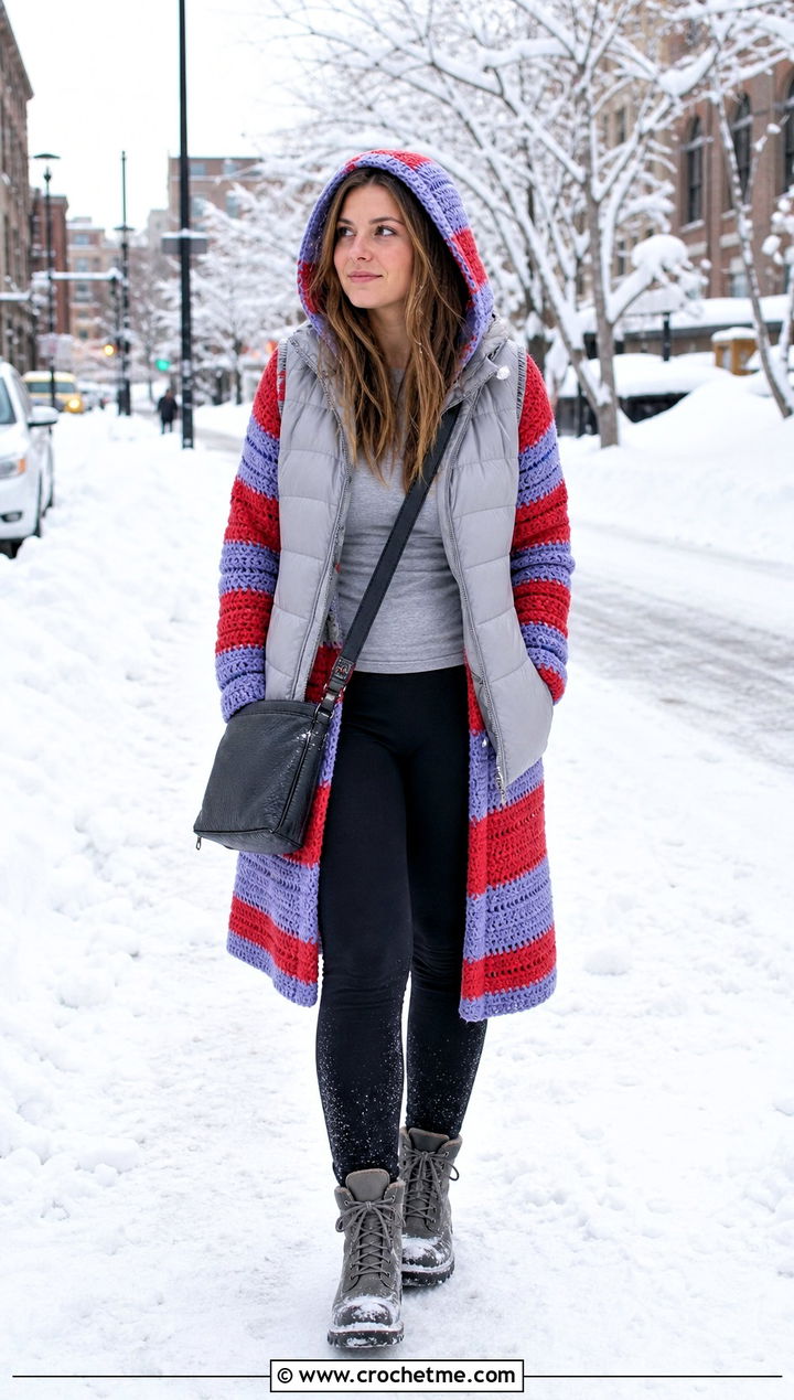 Hooded Stripe Crochet Cardigan With Puffer Vest - 35 crochet striped cardigan outfit ideas
