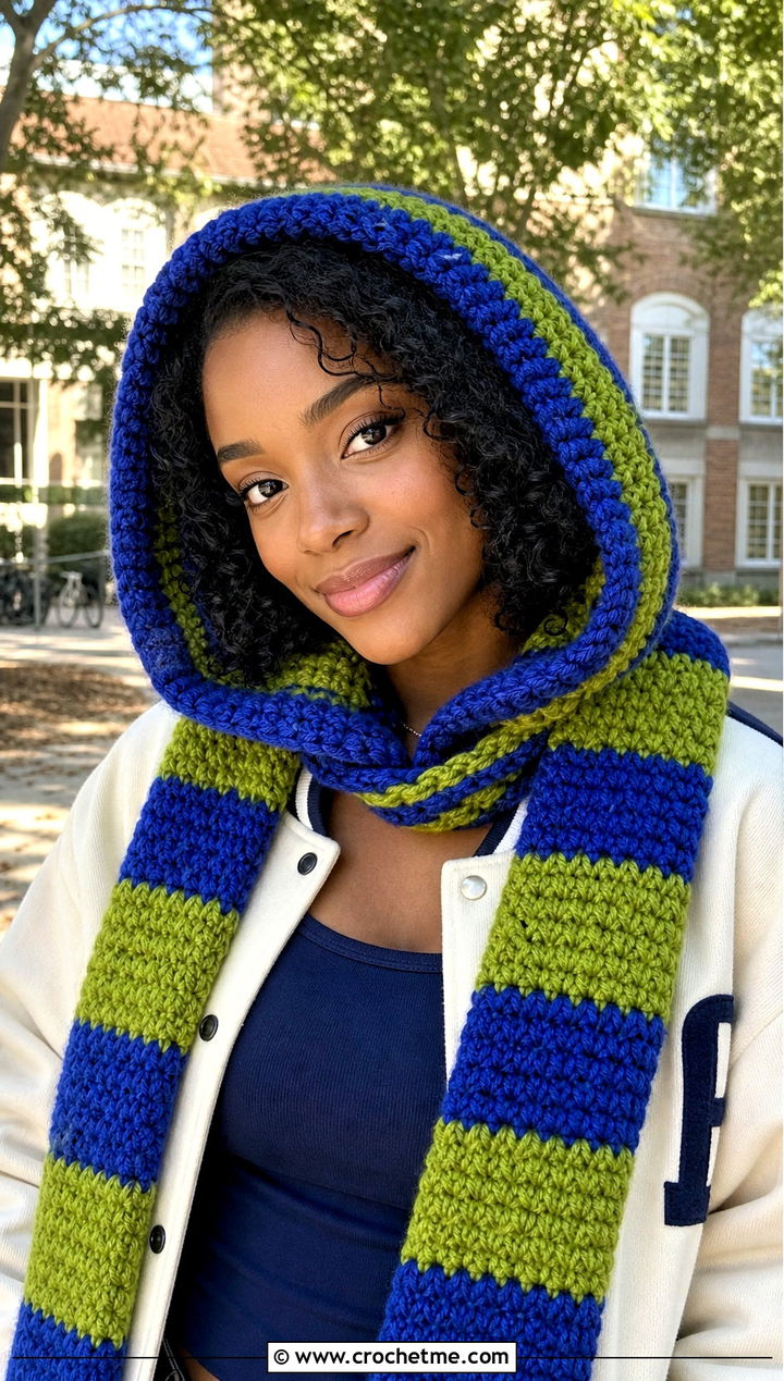 Hooded Stripe Crochet Scarf With Varsity Jacket - 30 Stripe Crochet Scarf outfit ideas