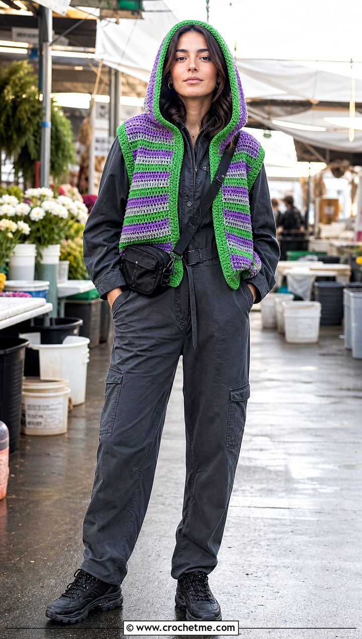 Hooded Stripe Crochet Vest With Utility Jumpsuit - 25 crochet vest stripes outfit ideas