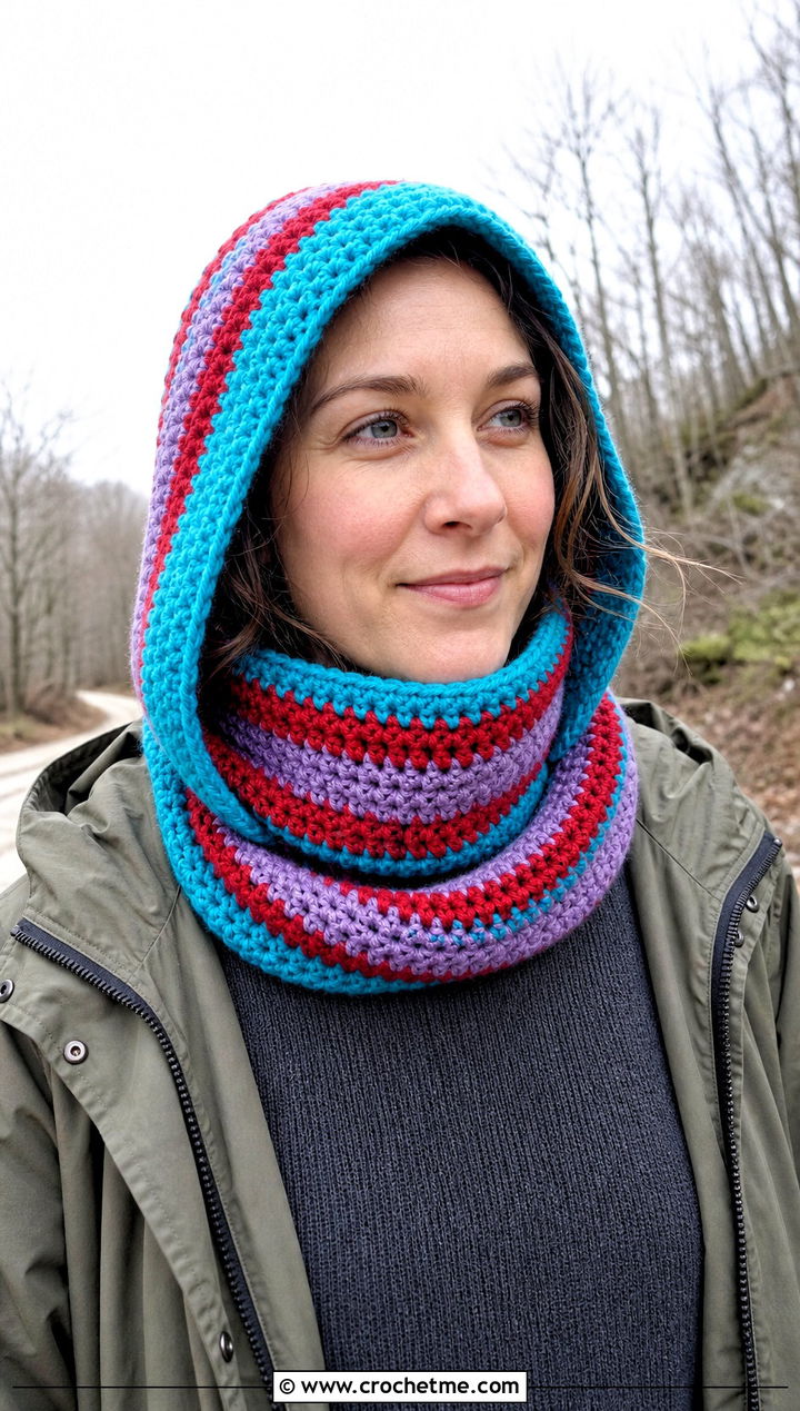 Hooded Striped Crochet Cowl With Parka - 15 striped crochet cowl outfit ideas