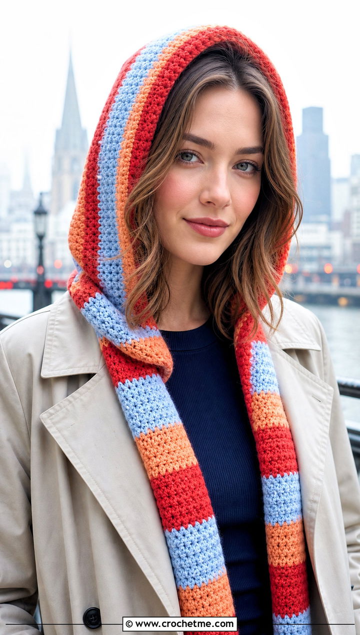 Hooded Striped Crochet Scarf With Trench Coat - 30 striped crochet scarf outfit ideas