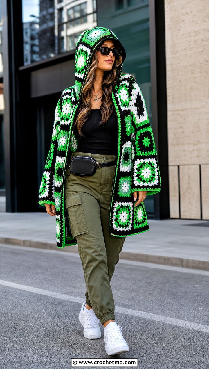 Hooded Sunburst Granny Square Cardigan With Cargo Pants - 35 sunburst granny square cardigan outfit ideas