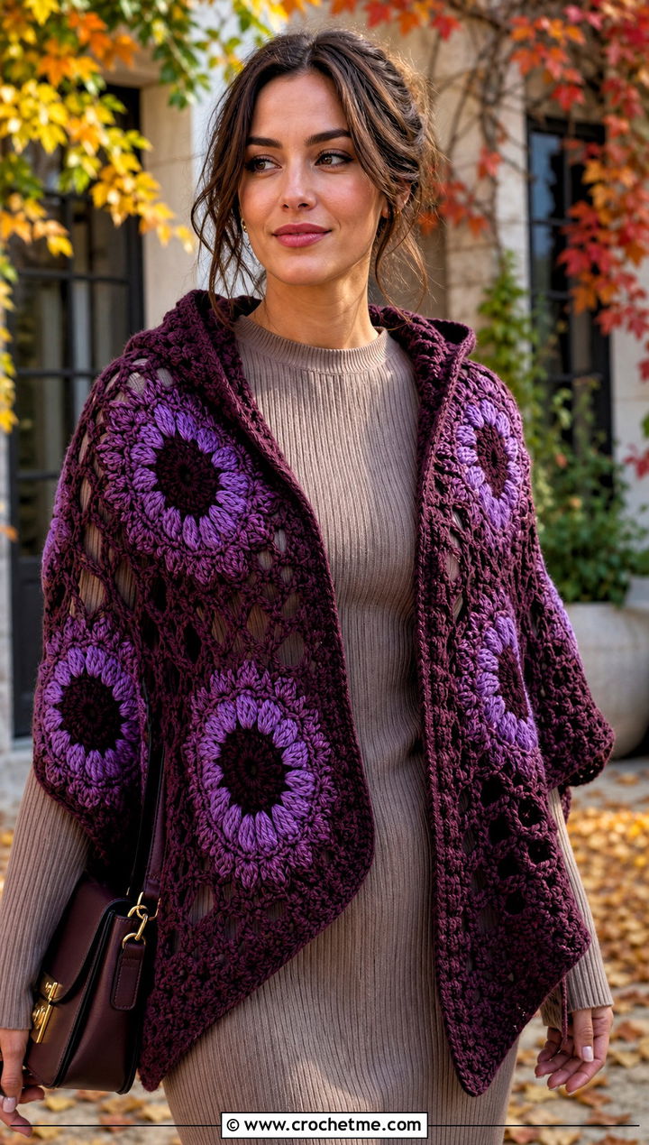 Hooded Sunflower Crochet Shawl With Knit Dress - 20 Sunflower Crochet Shawl outfit ideas