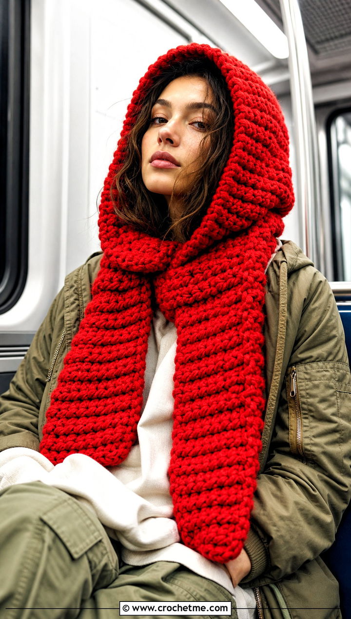 Hooded Super Bulky Crochet Scarf With Utility Jacket - 15 Super Bulky Crochet Scarf outfit ideas