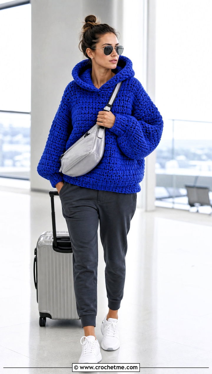 Hooded Super Bulky Crochet Sweater With Track Pants - 25 Super Bulky Crochet Sweater outfit ideas