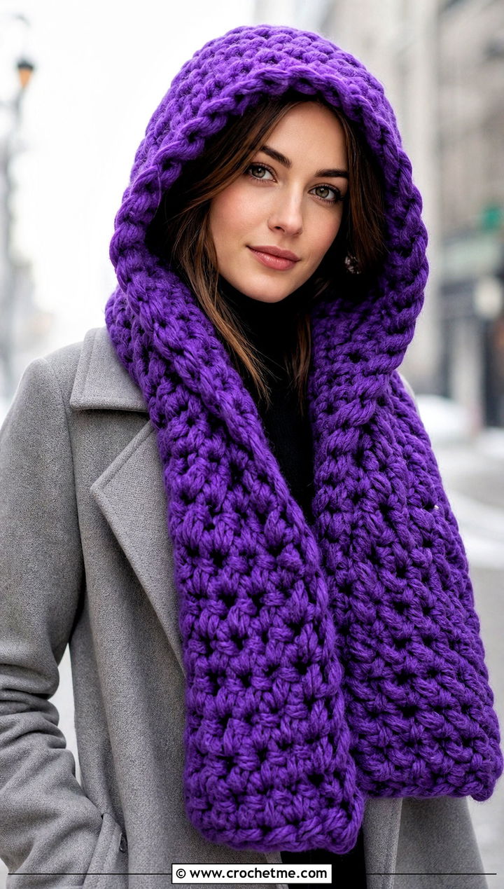 Hooded Super Chunky Crochet Scarf With Longline Coat - 25 Super Chunky Crochet Scarf outfit ideas