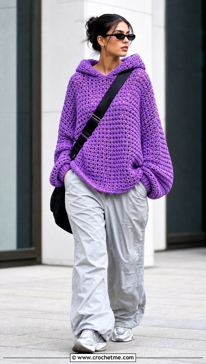 Hooded Super Slouchy Crochet Sweater With Parachute Pants - 15 Super Slouchy Crochet Sweater outfit ideas