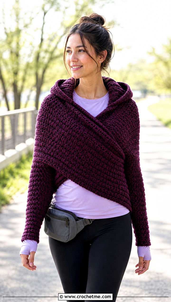Hooded Sweater Scarf With Leggings And Sneakers - 15 Crocheted Sweater Scarf With Sleeves outfit ideas