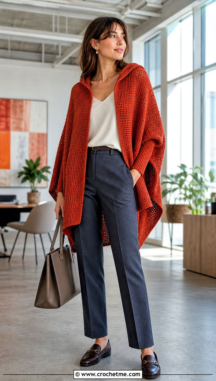 Hooded Swoncho With Straight Trousers - 35 Crochet Hooded Poncho outfit ideas