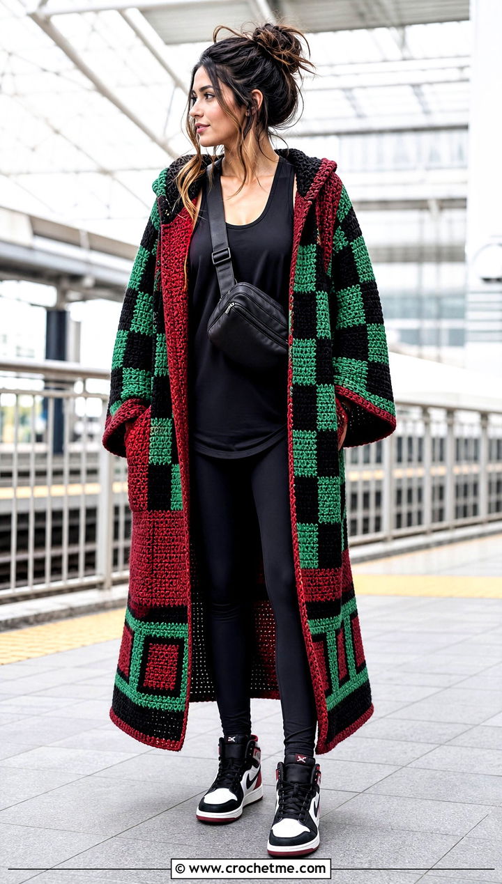 Hooded Tanjiro Crochet Kimono With Black Leggings - 25 tanjiro crochet kimono outfit ideas