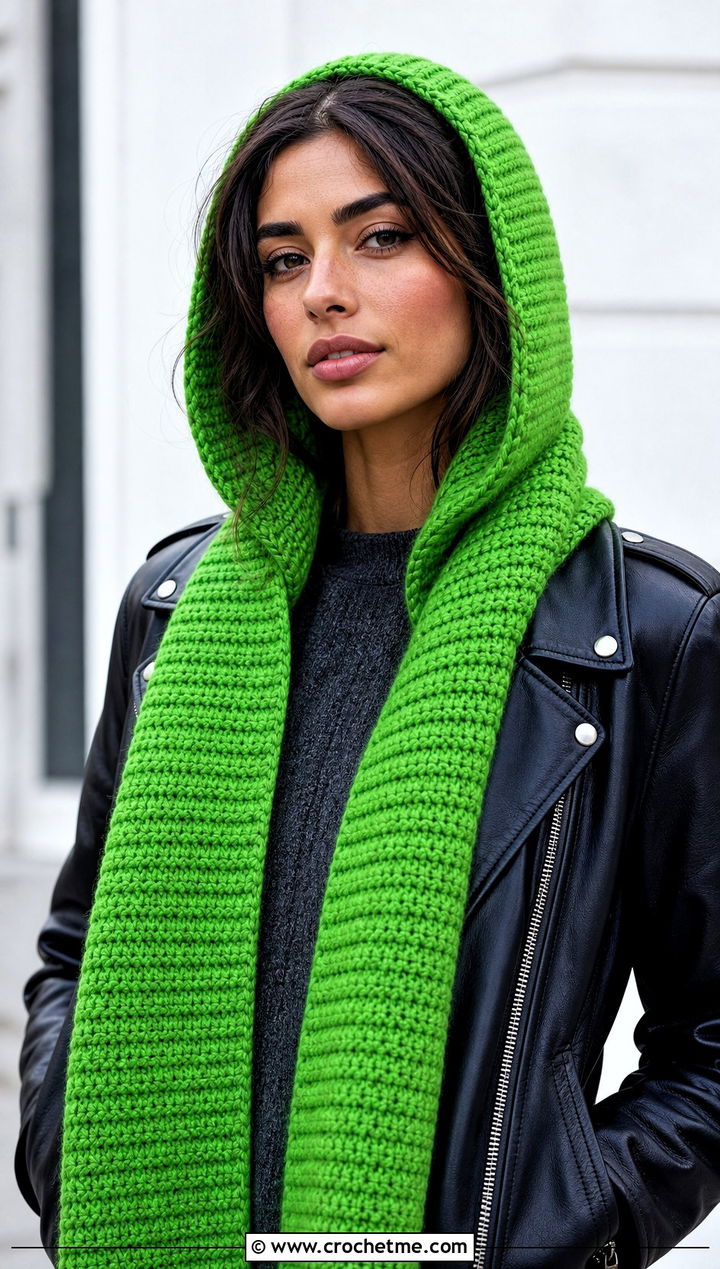 Hooded Thermal Stitch Crochet Scarf With Leather Jacket - 20 Thermal Stitch Crochet Scarf outfit ideas
