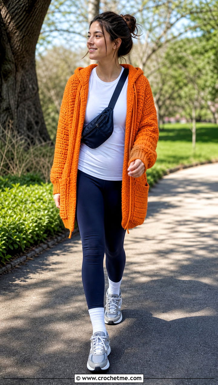 Hooded Thick Yarn Crochet Cardigan With Leggings And Sneakers - 25 Thick Yarn Crochet Cardigan outfit ideas