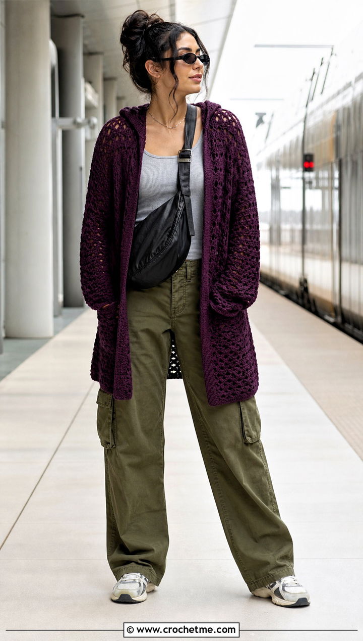 Hooded Top Down Crochet Cardigan With Cargo Pants - 30 top down crochet cardigan outfit ideas