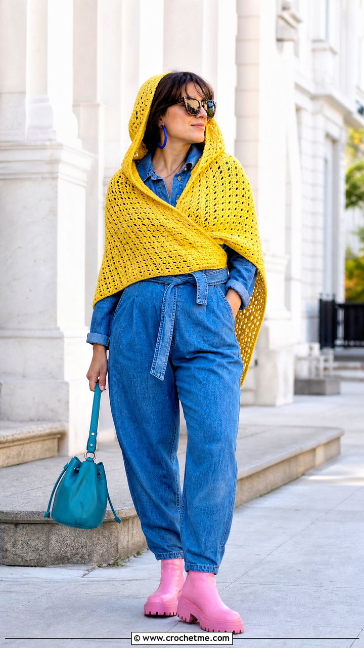 Hooded Triangle Crochet Shawl With A Denim Jumpsuit - 35 crochet shawl outfit ideas