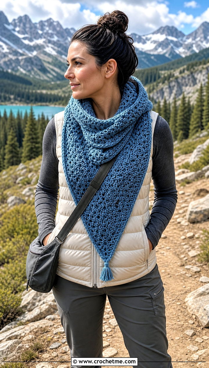 Hooded Triangle Crochet Shawl With Puffer Vest - 25 triangle crochet shawls outfit ideas