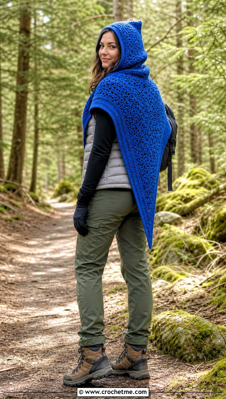 Hooded Triangle Outlander Shawl With Puffer Vest - 35 crochet outlander shawl outfit ideas