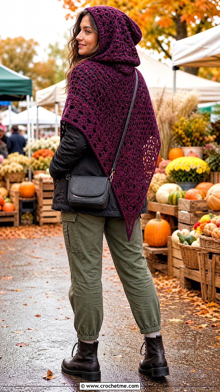 Hooded Triangle Shawl With Utility Pants - 35 crochet triangle shawl outfit ideas