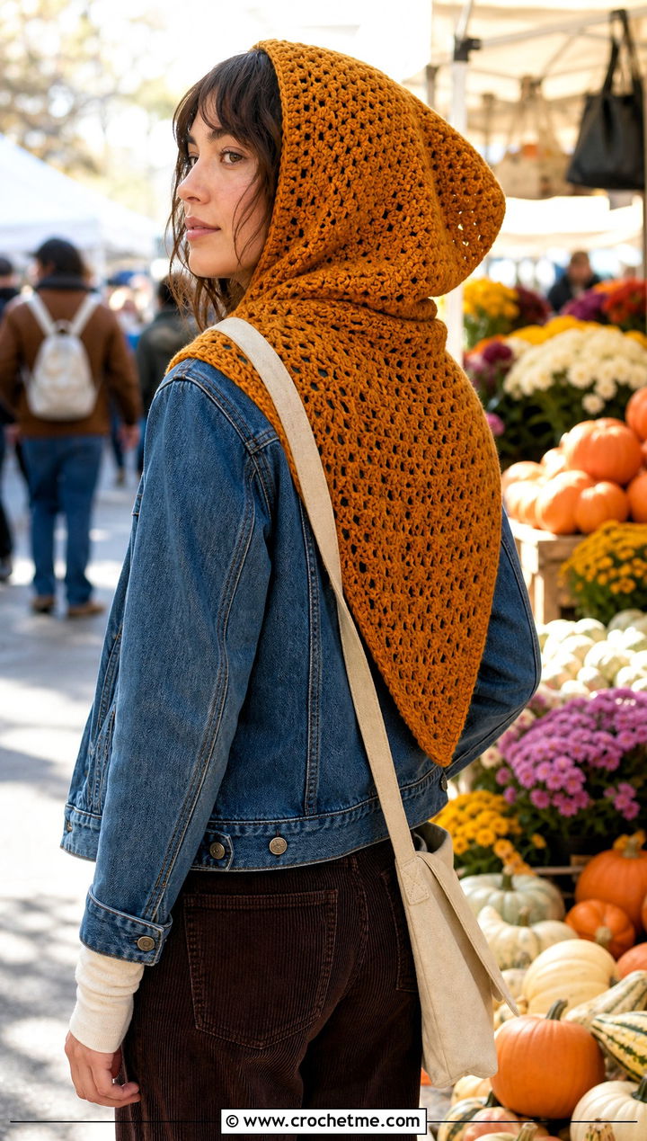 Hooded Triangular Crochet Shawl With Denim Jacket - 25 triangular crochet shawl outfit ideas