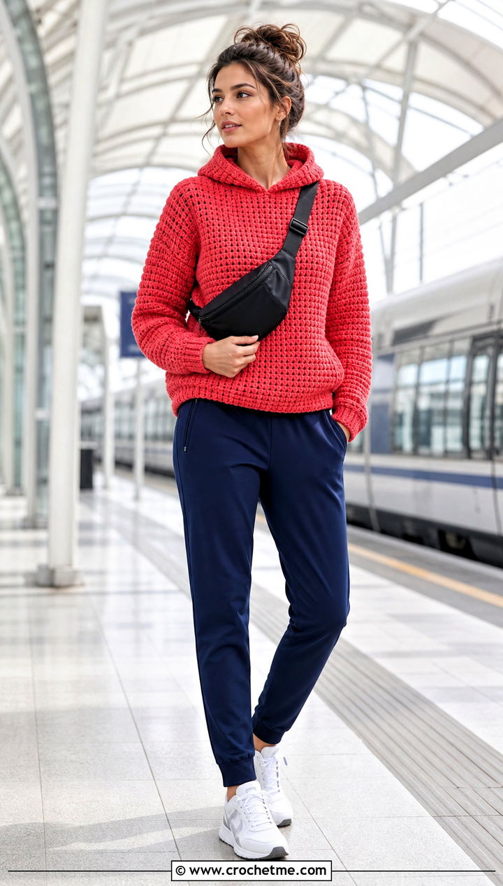 Hooded Tunisian Crochet Jumper With Track Pants - 30 tunisian crochet jumper outfit ideas