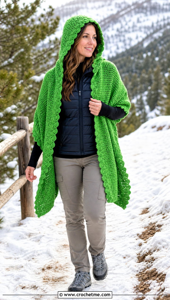 Hooded Tunisian Crochet Shawl With Puffer Vest - 35 tunisian crochet shawl outfit ideas