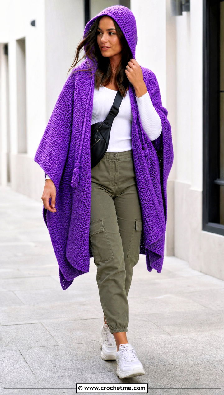 Hooded Tunisian Poncho With Cargo Pants - 30 tunisian crochet poncho outfit ideas