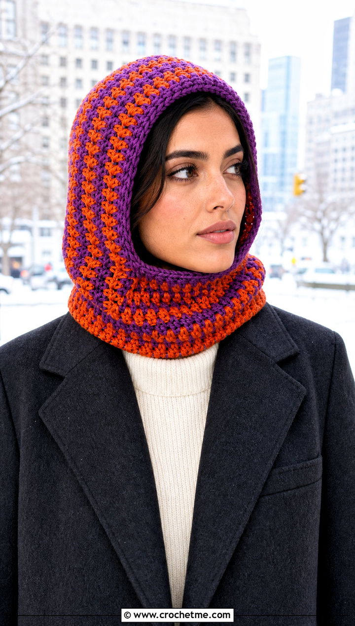 Hooded Two Color Crochet Beanie With Tailored Long Coat - 30 2 color crochet beanie hat outfit ideas