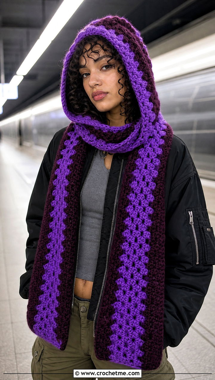 Hooded Two Tone Crochet Scarf With Cargo Pants - 25 two tone crochet scarf outfit ideas