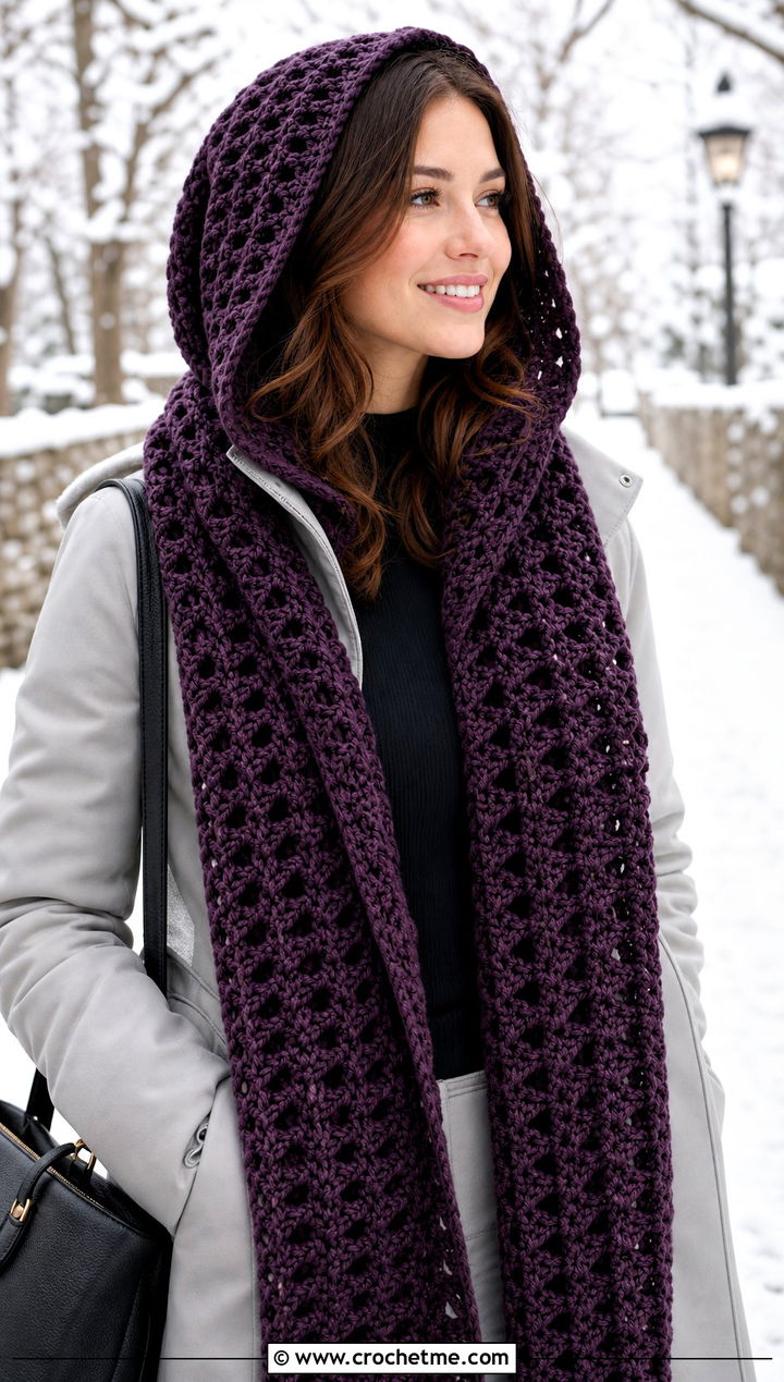 Hooded V Stitch Crochet Scarf With Long Coat - 25 v stitch crochet scarf outfit ideas
