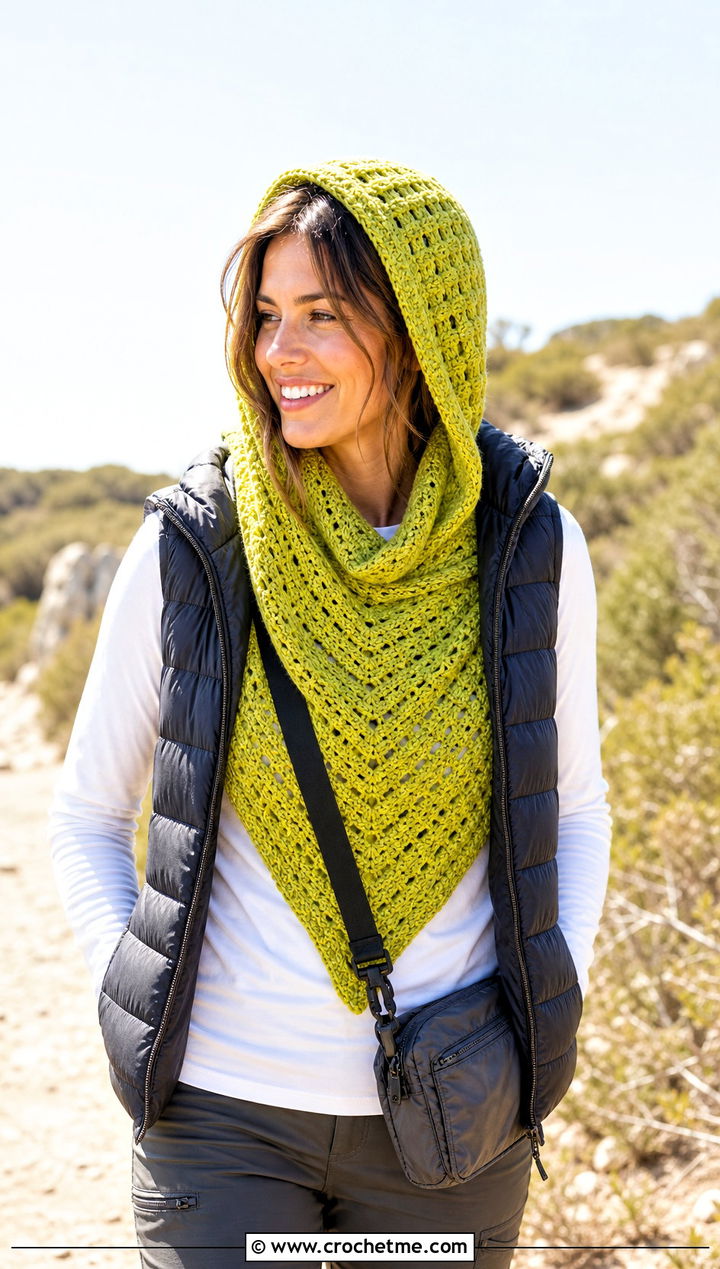 Hooded V Stitch Crochet Shawl With Puffer Vest - 25 V Stitch Crochet Shawl outfit ideas