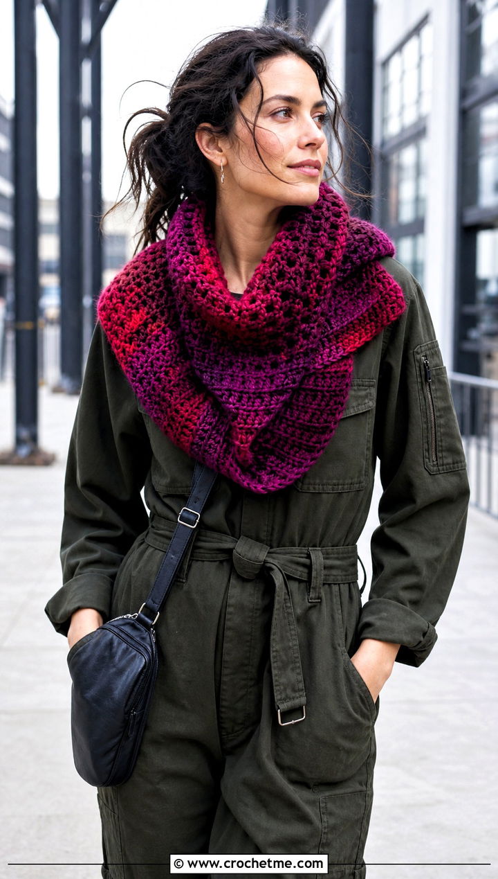 Hooded Variegated Crochet Scarf With Utility Jumpsuit - 25 Variegated Yarn Crochet Scarf outfit ideas