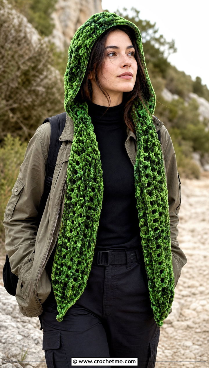 Hooded Velvet Crochet Scarf With Utility Jacket - 25 Velvet Crochet Scarf outfit ideas