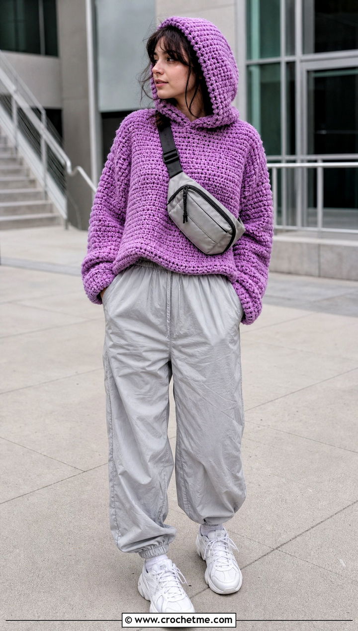 Hooded Velvet Crochet Sweater With Parachute Pants - 30 velvet crochet sweater outfit ideas