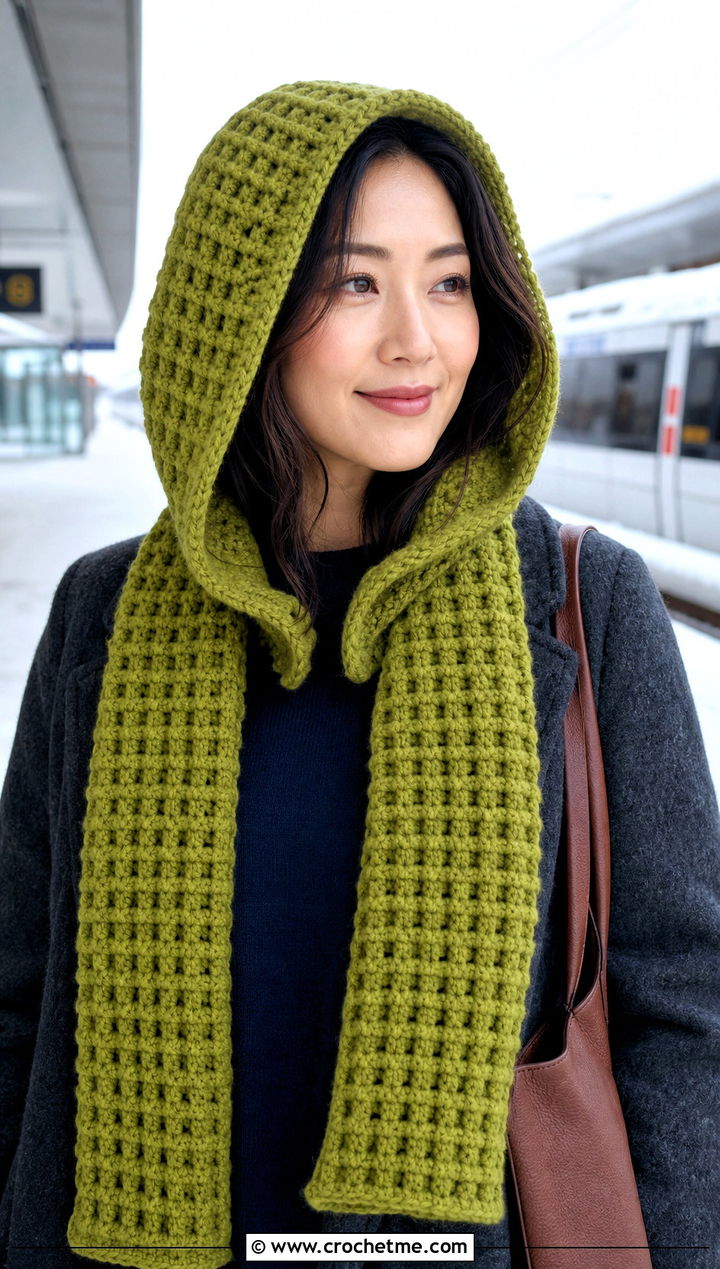 Hooded Waffle Crochet Scarf With Wool Coat - 25 Waffle Crochet Scarf outfit ideas