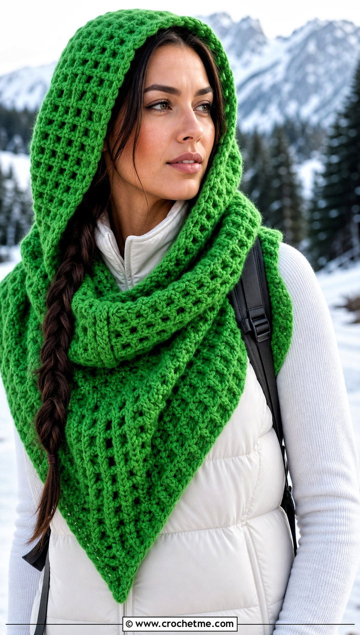 Hooded Waffle Crochet Shawl With Puffer Vest - 15 Waffle Crochet Shawl outfit ideas