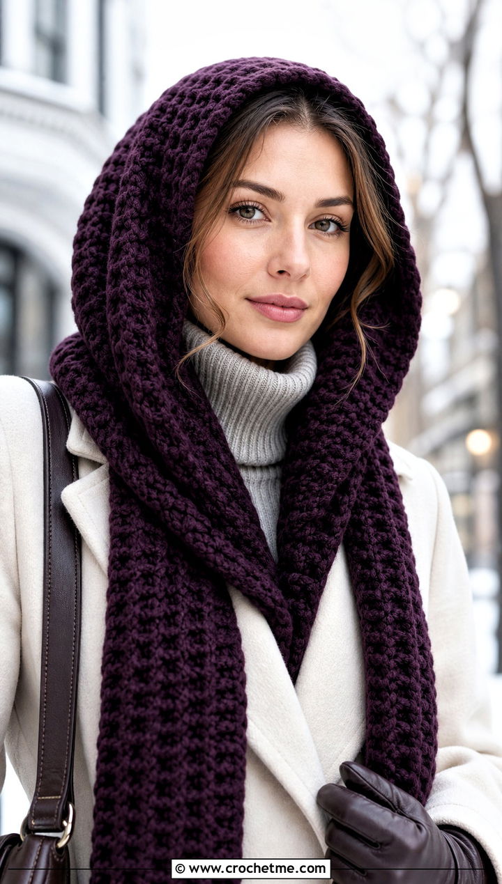 Hooded Waffle Stitch Crochet Scarf With Wool Coat - 30 waffle stitch crochet scarf outfit ideas