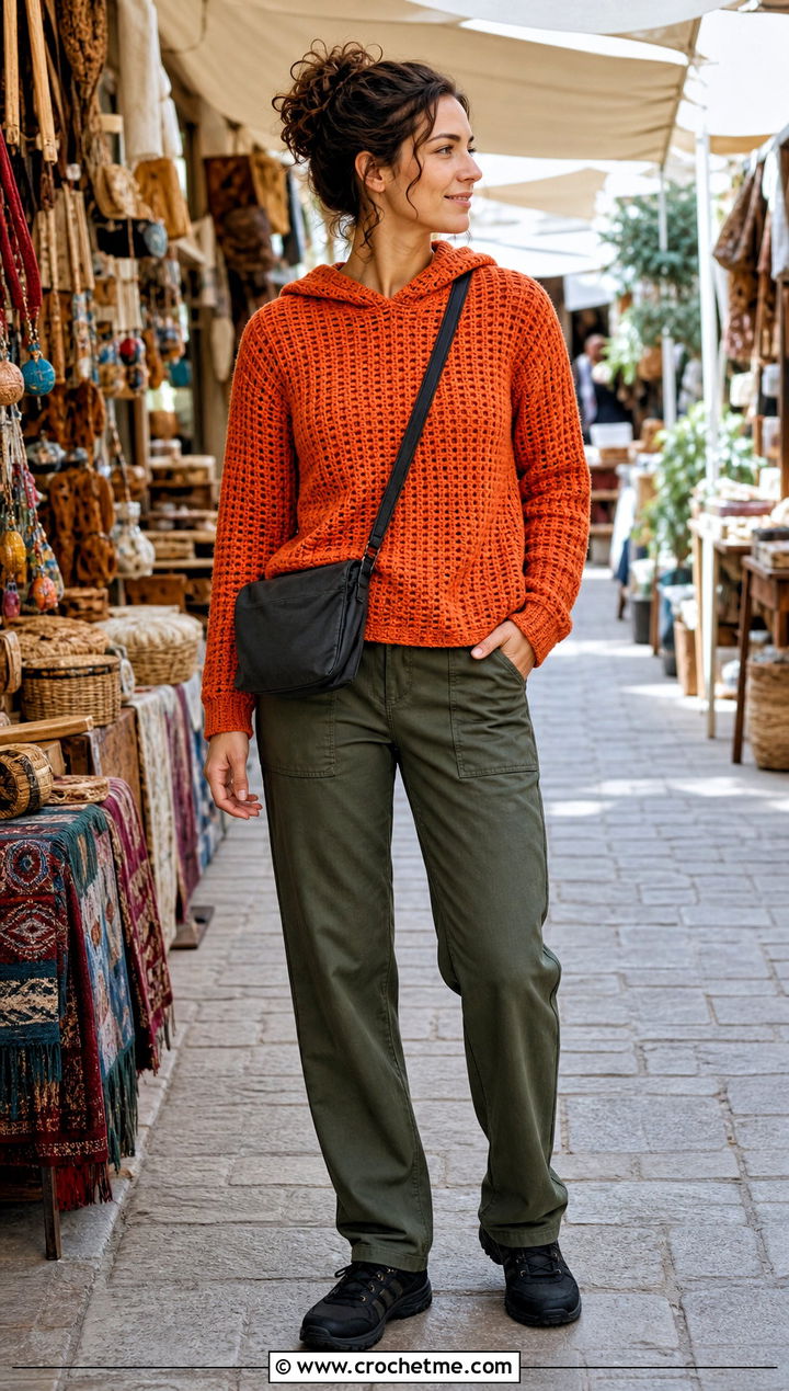 Hooded Waffle Stitch Crochet Sweater With Utility Pants - 30 waffle stitch crochet sweater outfit ideas