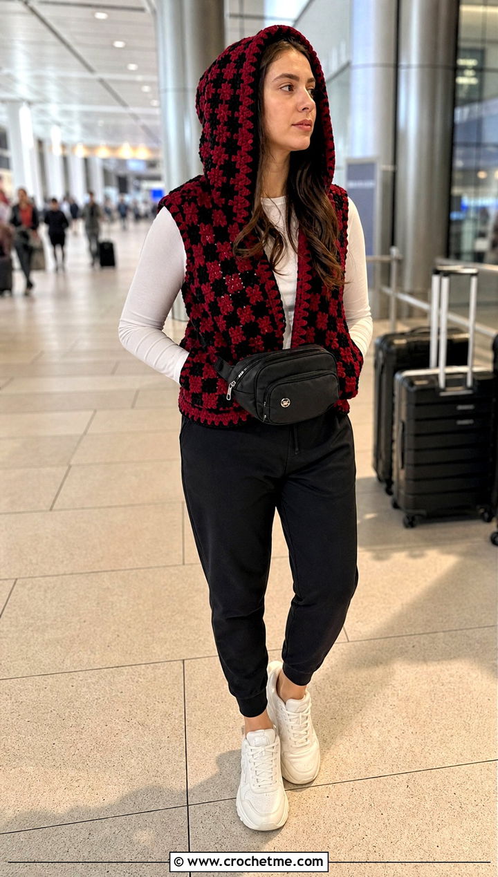 Hooded Wednesday Crochet Vest With Joggers - 30 wednesday crochet vest outfit ideas