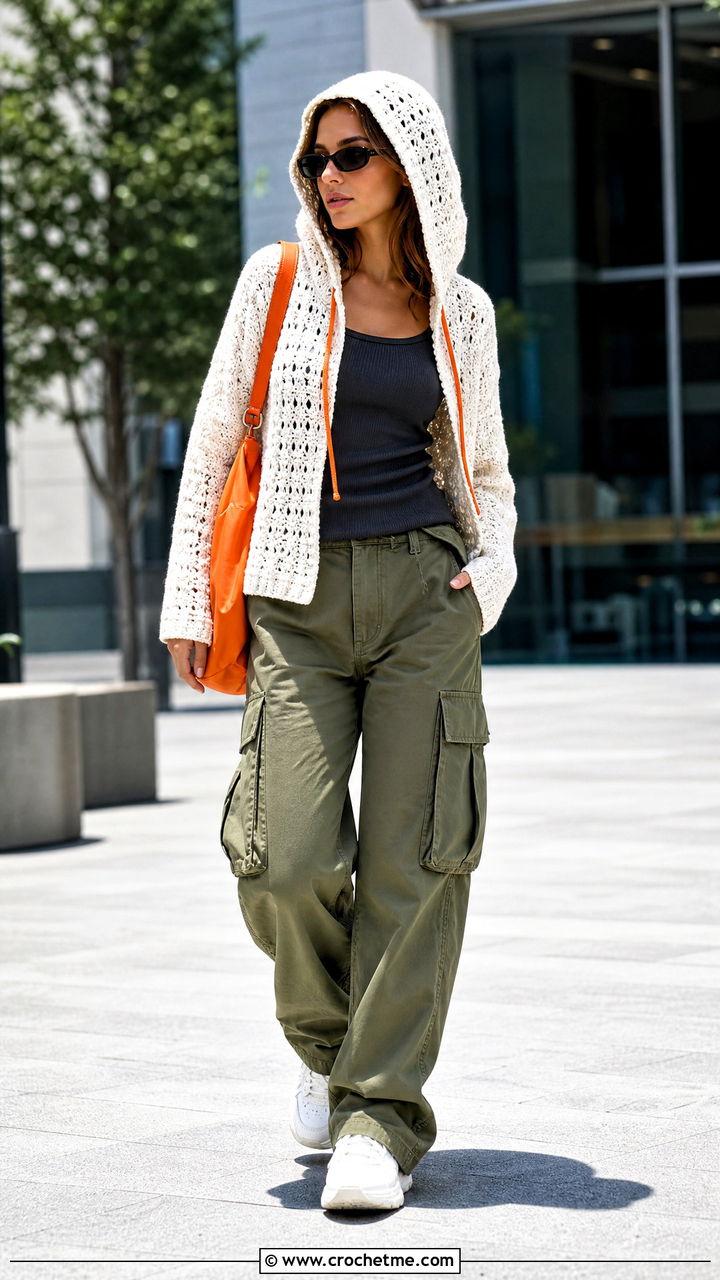 Hooded White Crochet Cardigan With Cargo Pants - 35 White Crochet Cardigan Outfit ideas