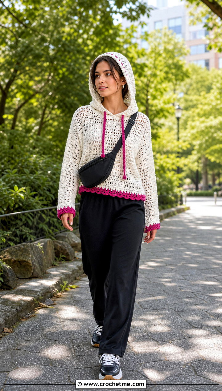 Hooded White Crochet Sweater With Track Pants - 35 crochet white sweater outfit ideas