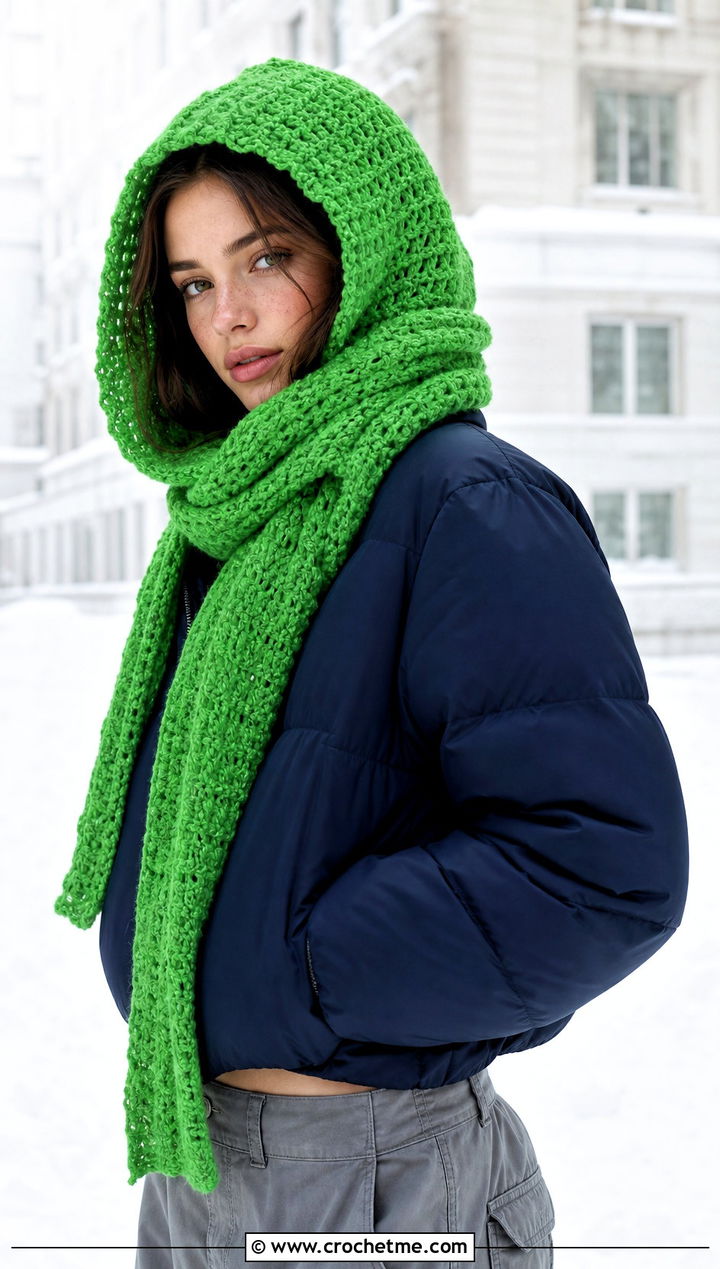 Hooded Wide Scarf With Puffer Jacket And Cargo Pants - 20 Crochet Wide Scarf outfit ideas