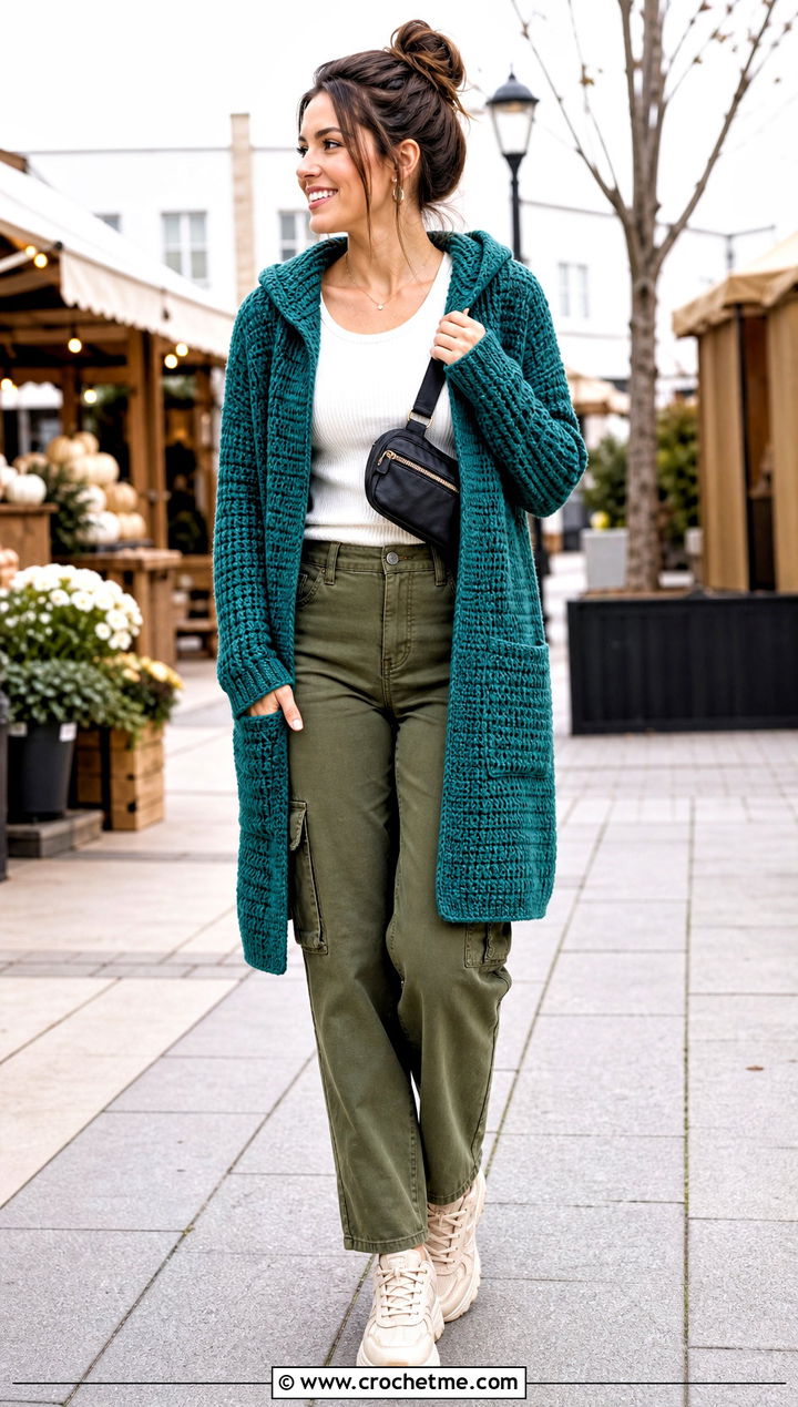 Hooded Worsted Weight Crochet Cardigan With Cargo Pants - 25 Worsted Weight Crochet Cardigan outfit ideas
