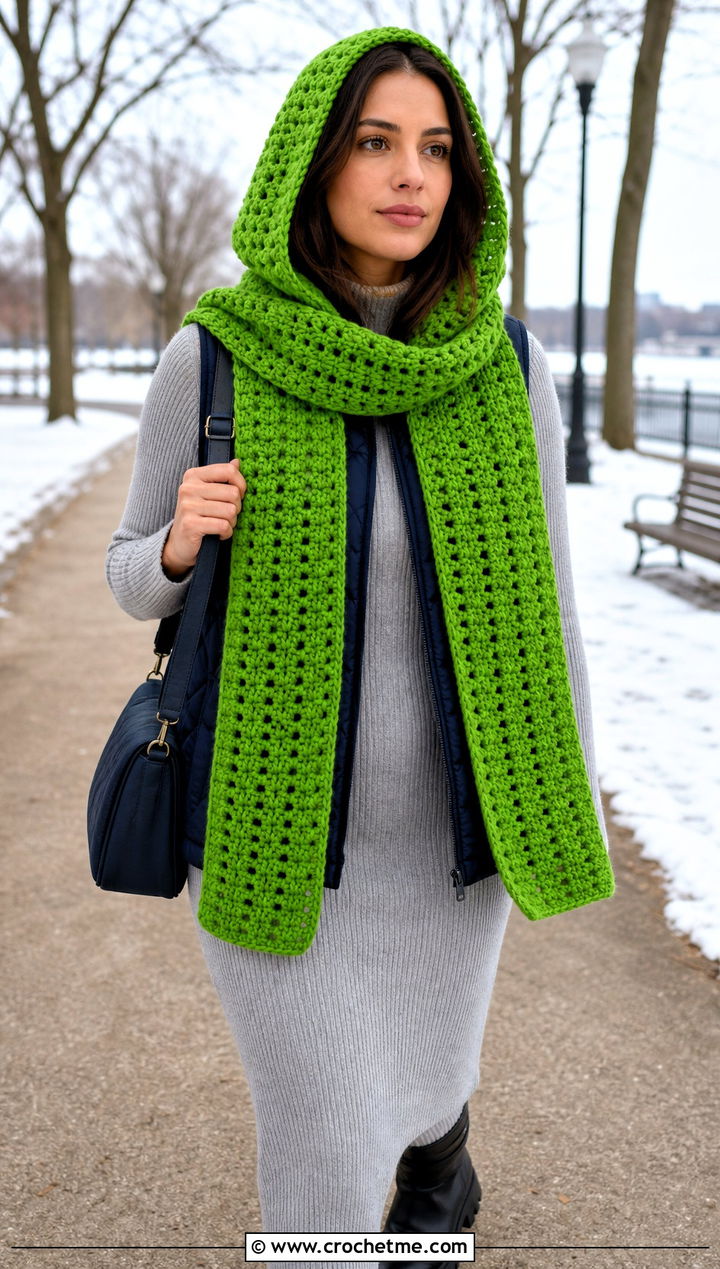 Hooded Worsted Weight Crochet Scarf With Quilted Vest - 20 Crochet Scarf Worsted Weight Yarn outfit ideas