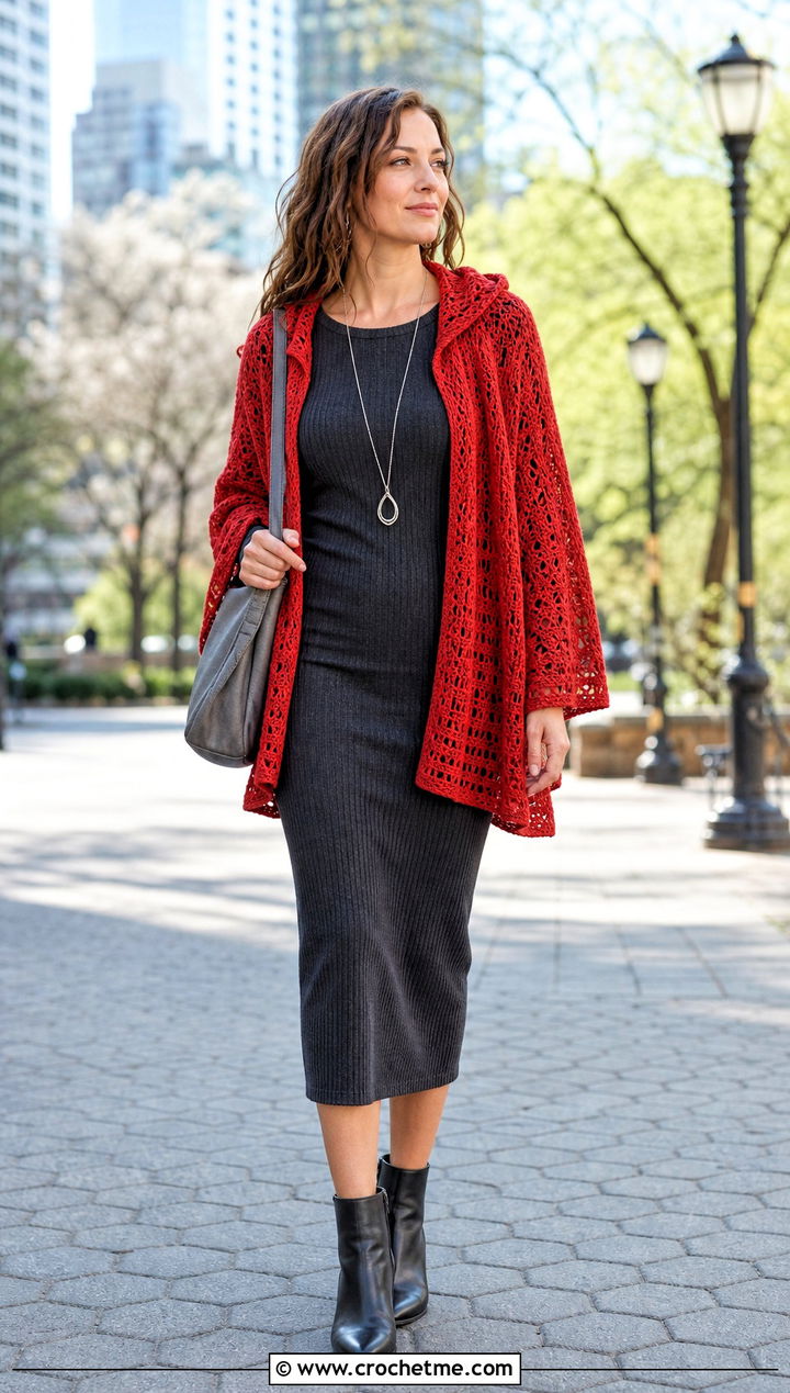 Hooded Wrap Around Shrug With Knit Dress - 25 Crochet Wrap Around Shrug outfit ideas