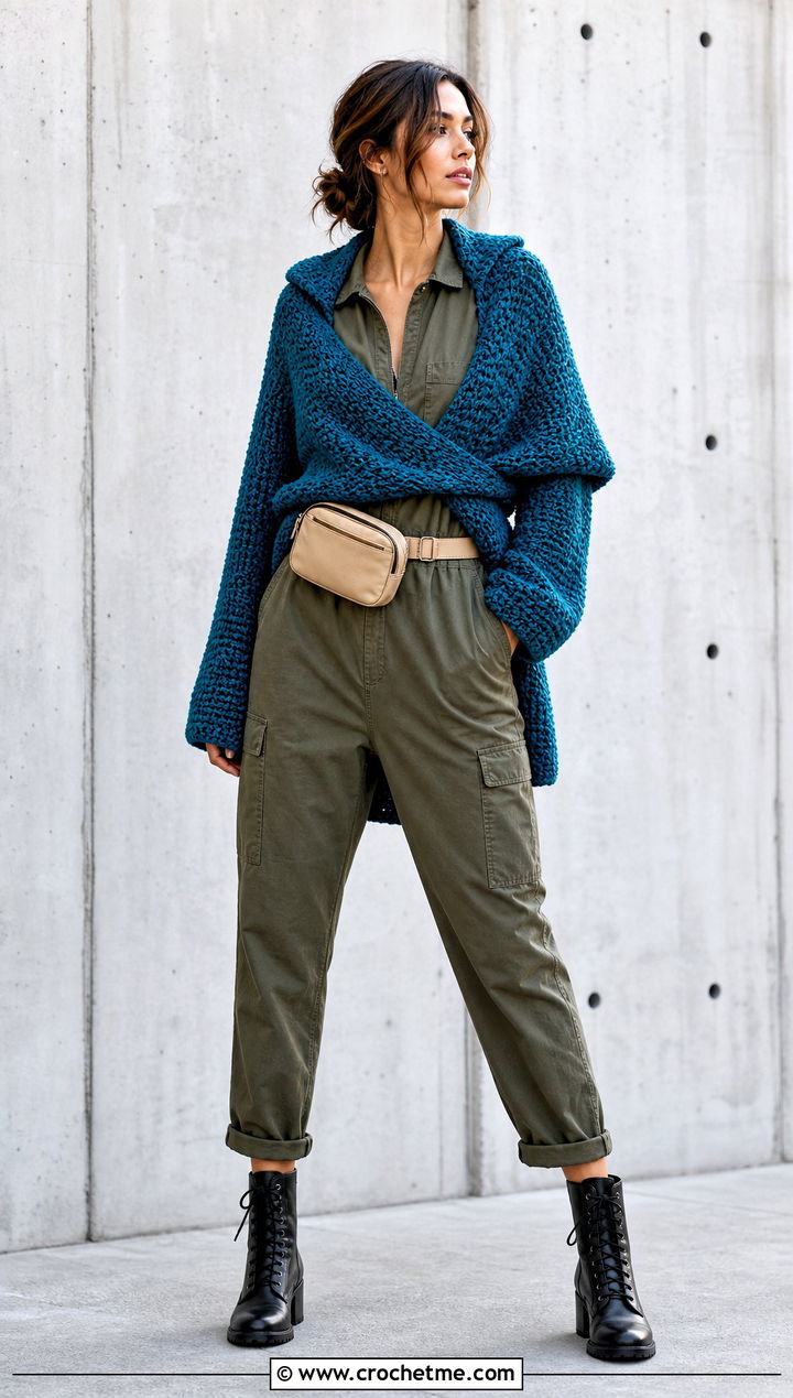 Hooded Wrap Around Shrug With Utility Jumpsuit - 25 crochet wrap around shrug with sleeves outfit ideas