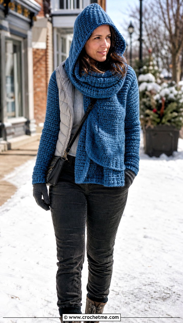 Hooded Wrap Me Up Crochet Sweater Scarf With Puffer Vest - 15 Wrap Me Up Crochet Sweater Scarf outfit ideas