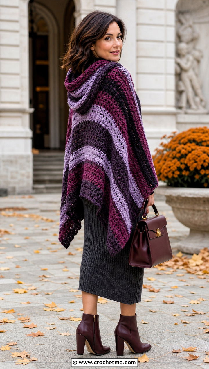 Hooded Wrap With Knit Dress And Ankle Boots - 15 Colorful Striped Crochet Wrap outfit ideas