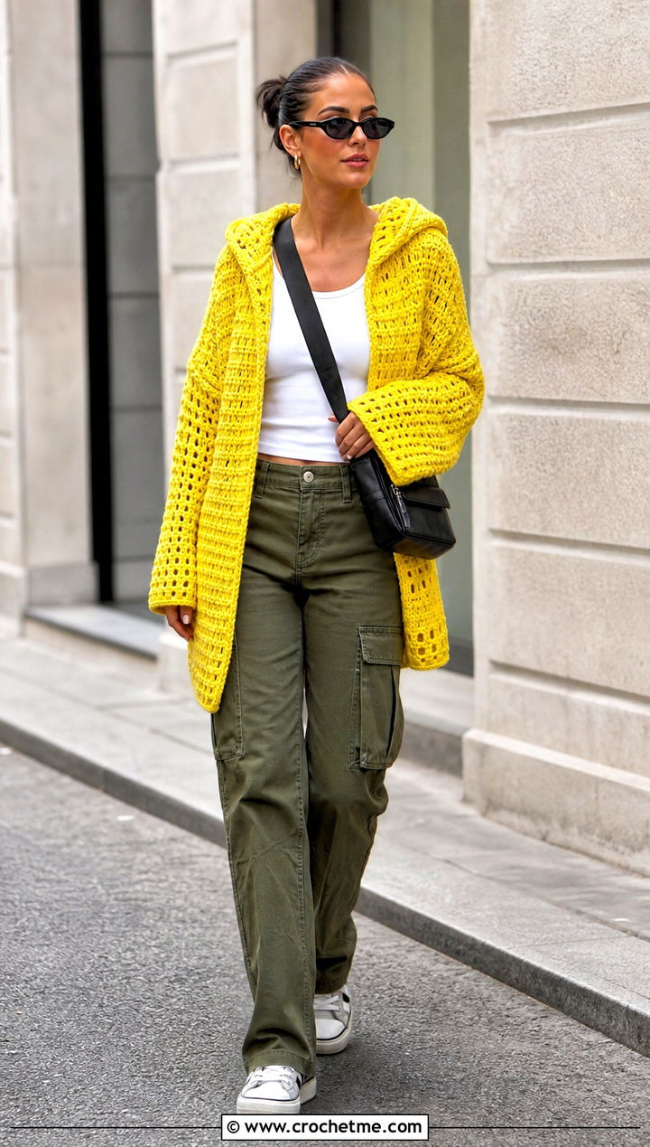 Hooded Yellow Crochet Cardigan With Cargo Pants - 30 yellow crochet cardigan outfit ideas